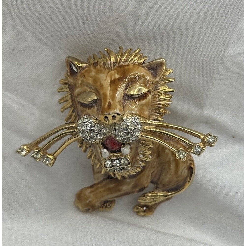 Vintage Leo Lion Rhinestone Brooch Pin Whiskers Sleeping Enamel Tongue Out Rare